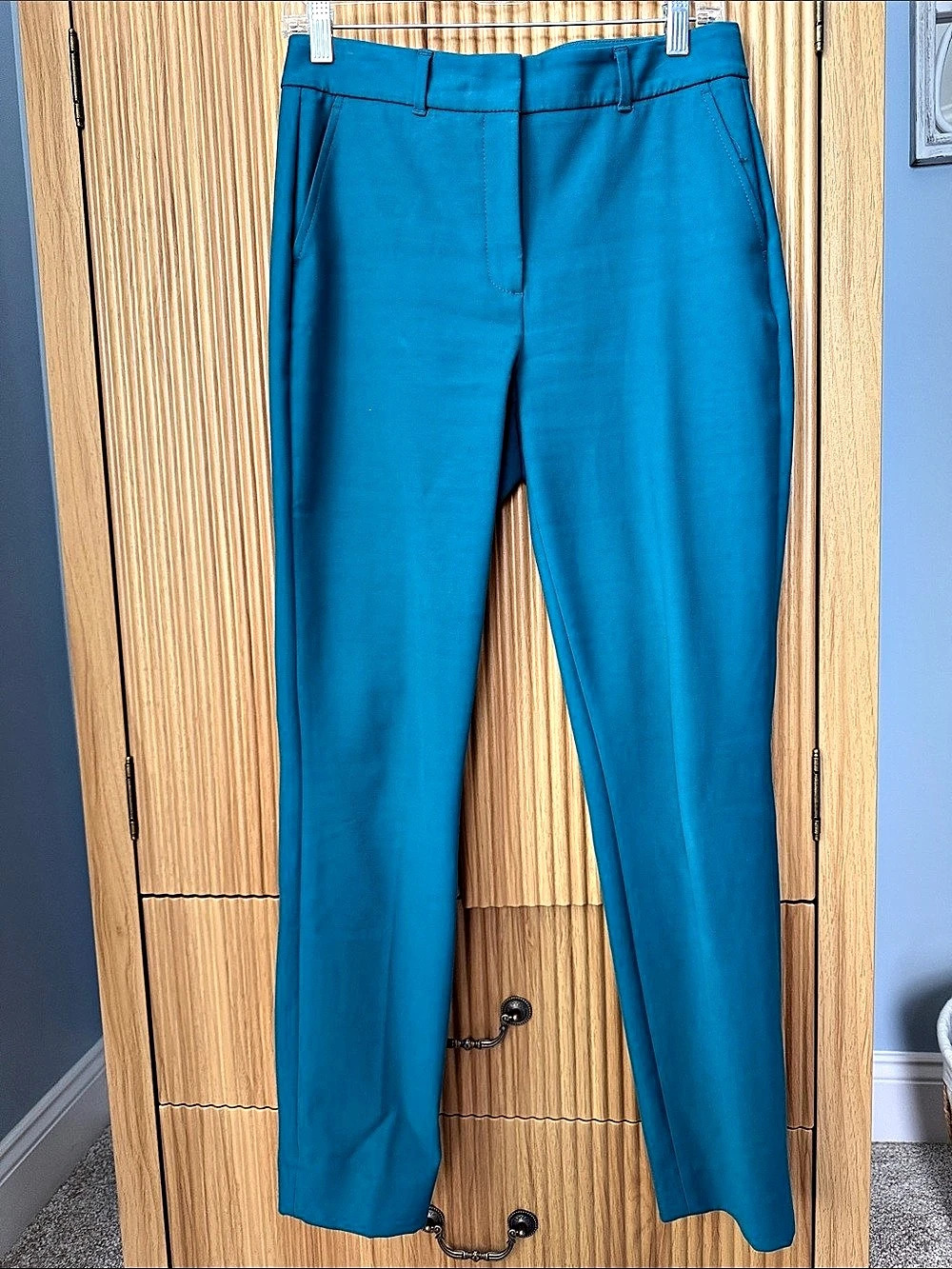 White House Black Market Classic Slim Ankle Comfort Stretch Pants in teal blue